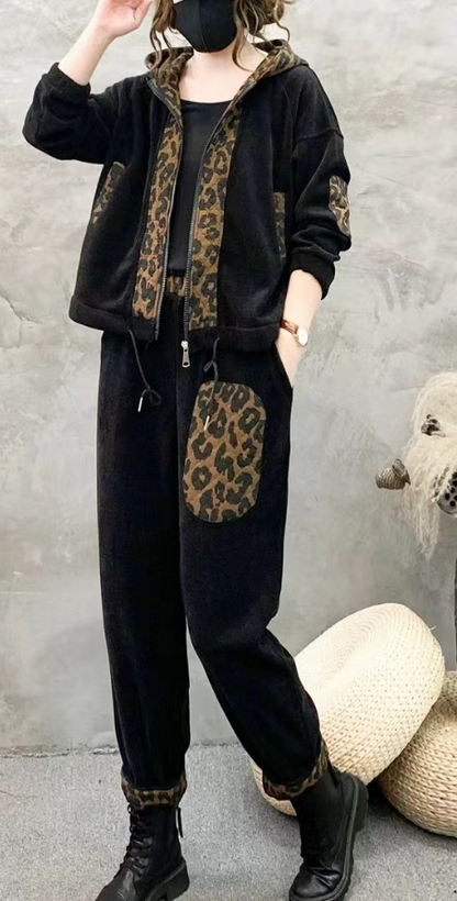 Casual leopard print patchwork drawstring thickened fleece two-piece set