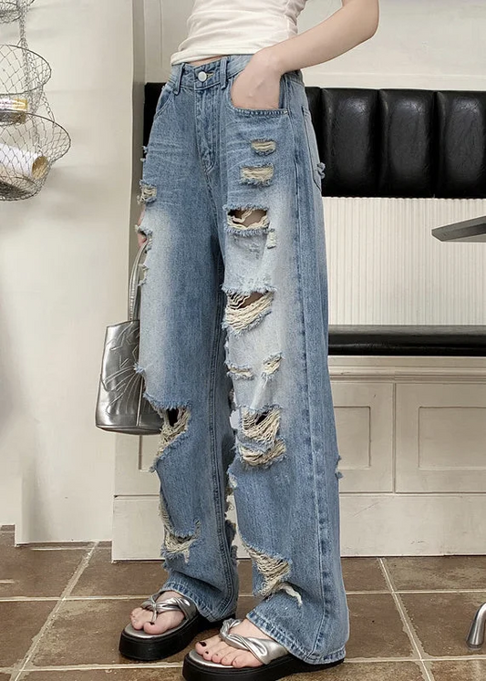 Women's Party Travel Blue Pocket Patchwork Ripped Jeans Spring