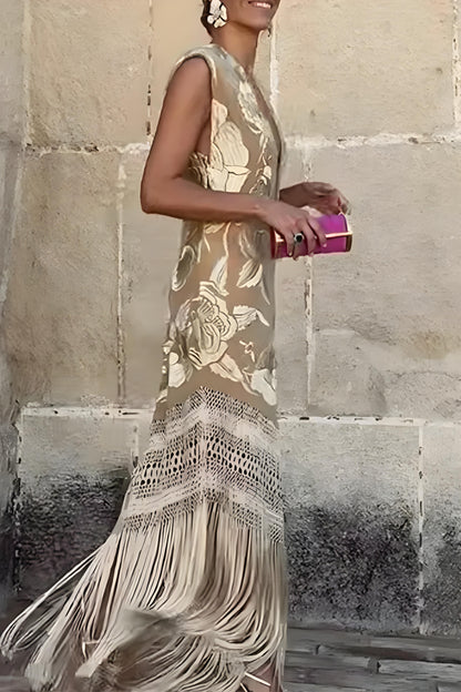 Elegant Heart Fringe Asymmetric V-Neck Sleeveless Dress