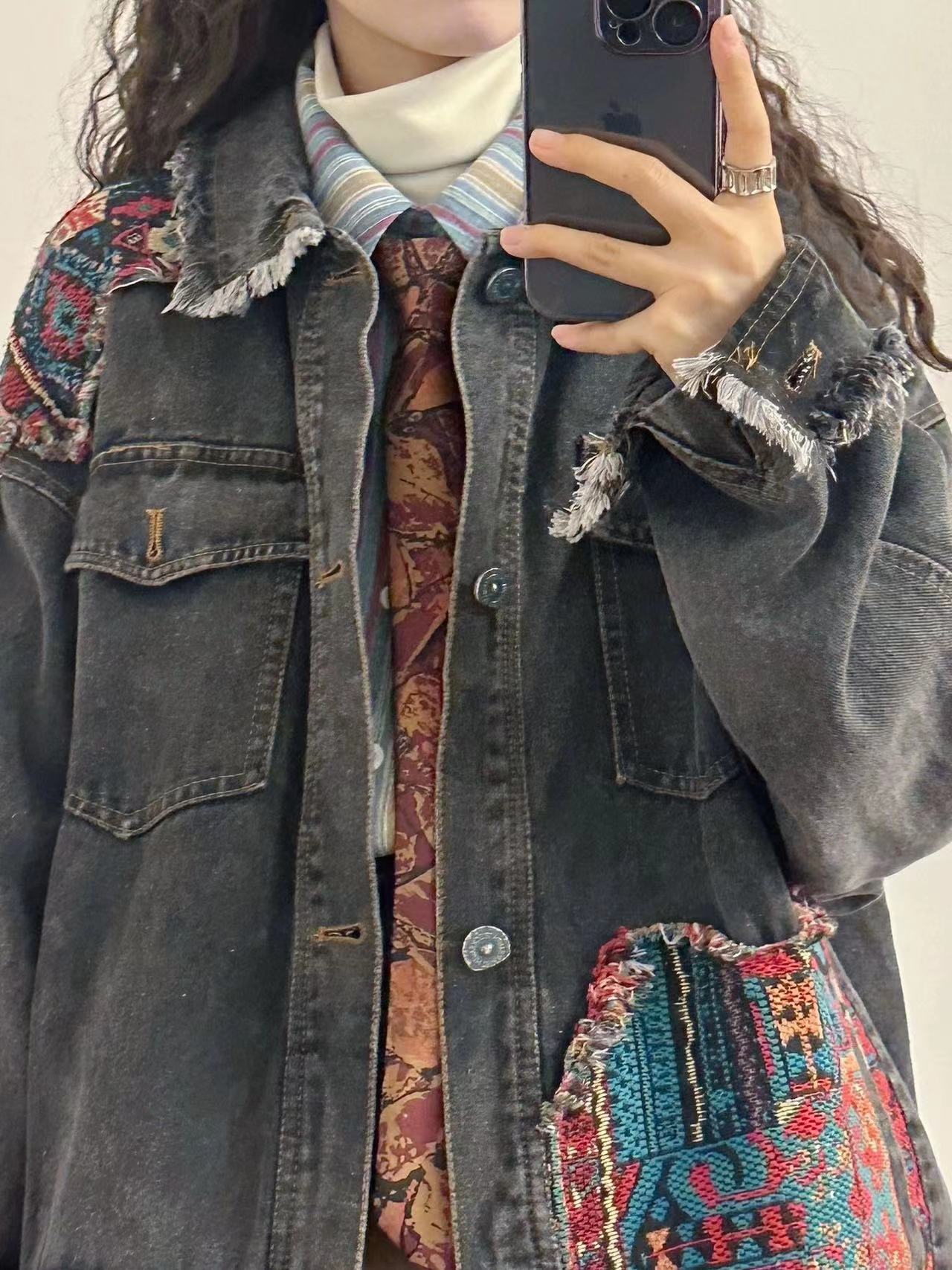 Loose Quilted Edge Worn Color Blocked Denim Jacket