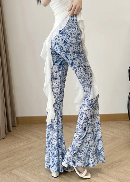 Women's Fashion Blue Printed High Waisted Flared Pants