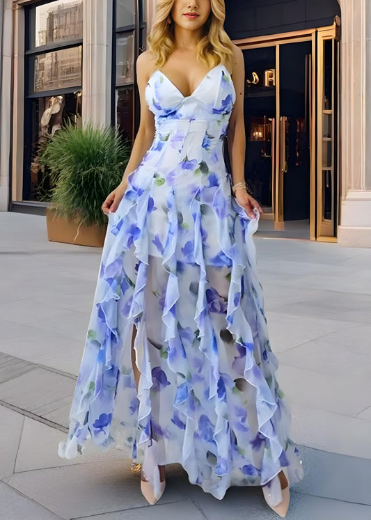 Women's Blue Printed Tie Side Split Spaghetti Strap Sleeveless Party Beach Dresses