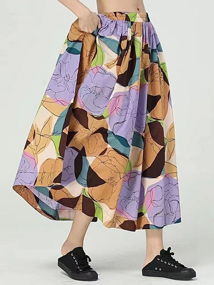 Italian Women's Elastic Waist Floral Print Pleated A-Line Skirt