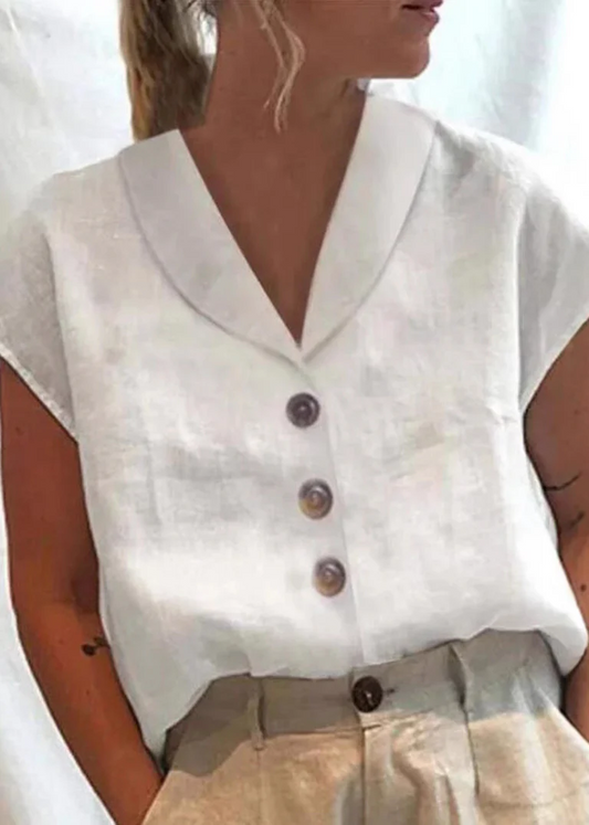 Short Sleeve White Peter Pan Collar Button Down Cotton Shirt