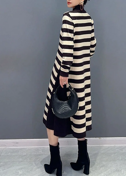 Women's Loose Yellow Round Neck Striped Patchwork Party Long Sleeve Dresses