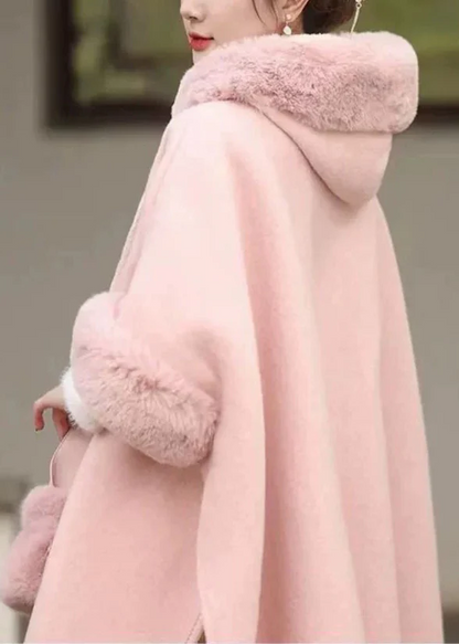 Women's Hair Collar Fringe Hooded Wool Fur Coat