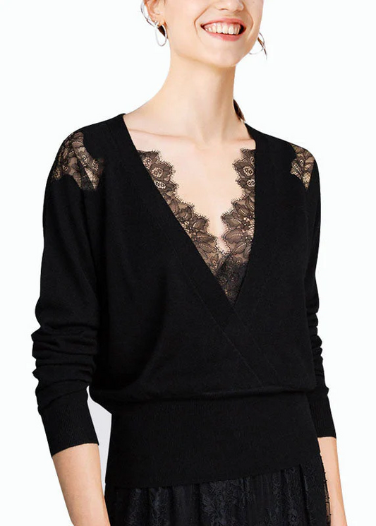 Black V-Neck Lace Patchwork Cutout Wool Knit Top
