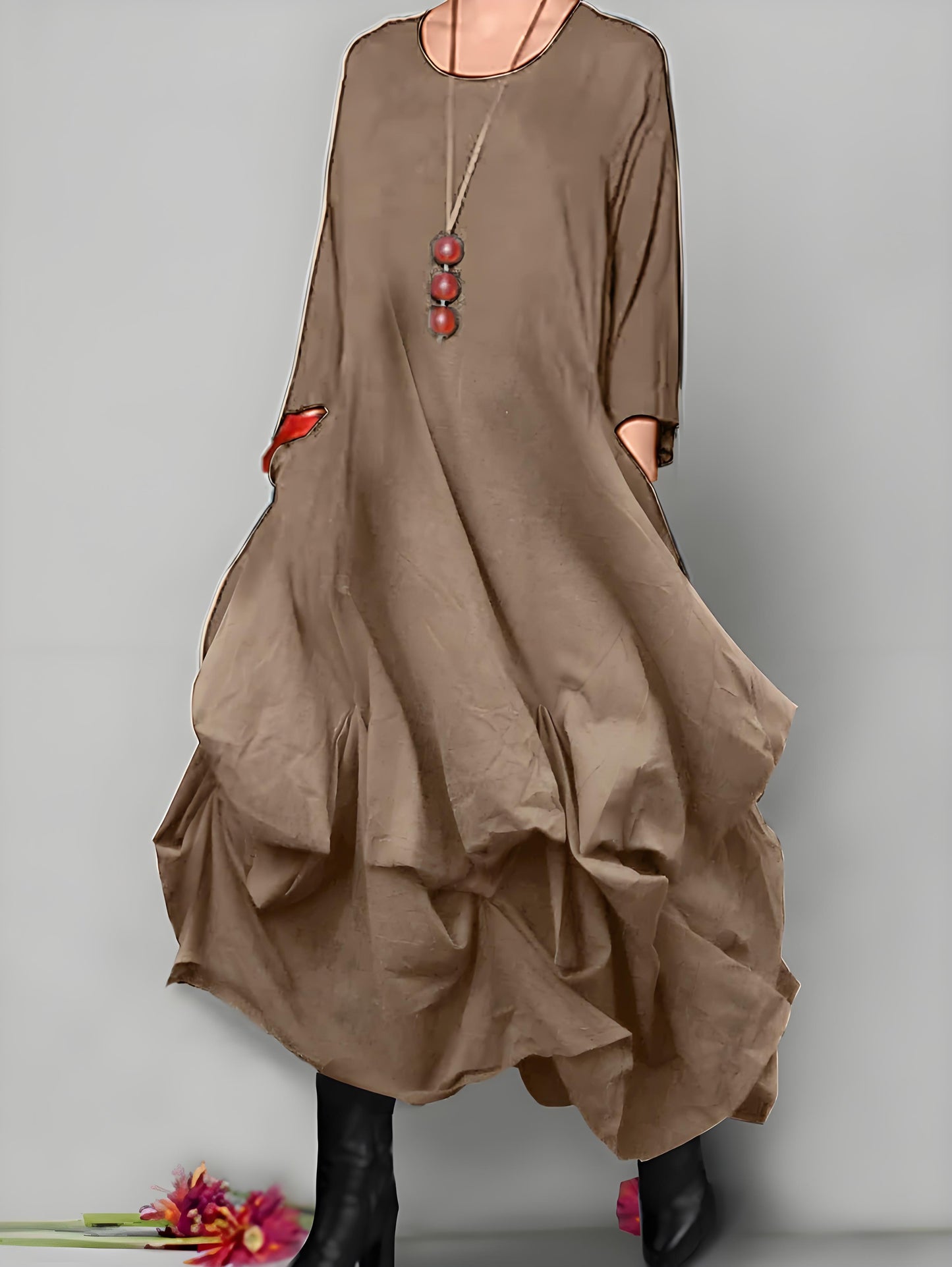 Women's Round Neck Loose Asymmetric Hem Midi Dresses