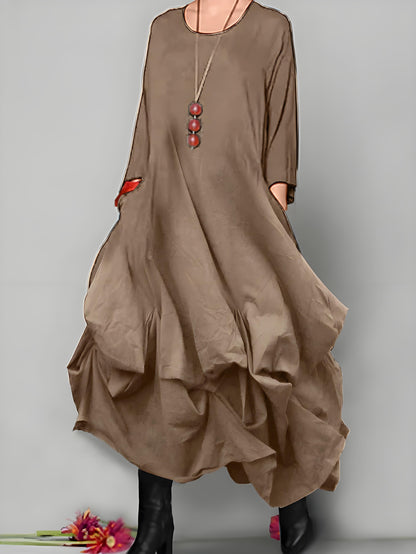Women's Round Neck Loose Asymmetric Hem Midi Dresses