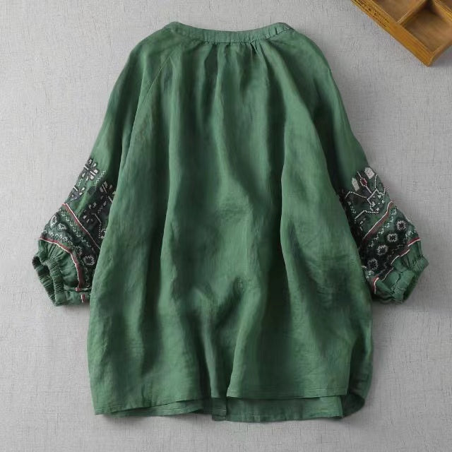 Loose Printed Lantern Sleeve Cardigan Shirt Top