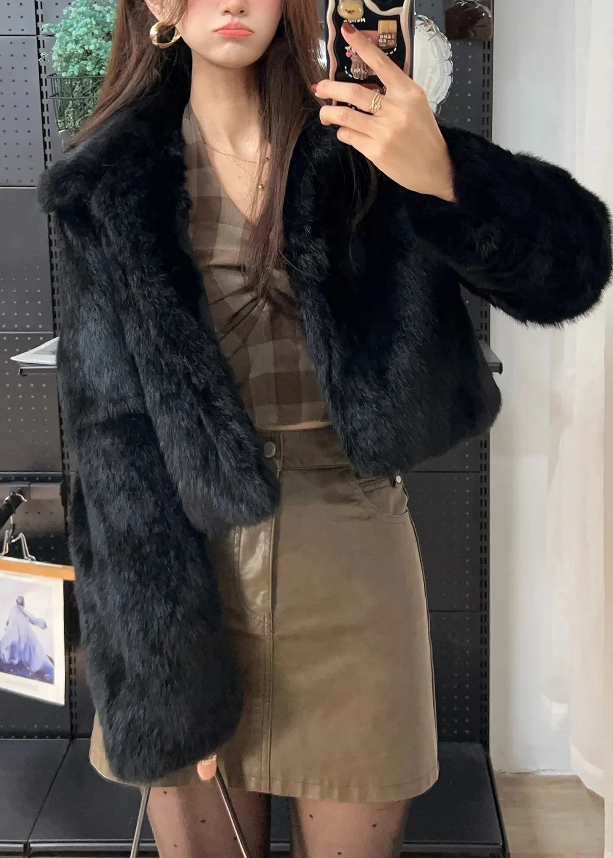 Women's Coffee Peter Pan Collar Fur Jacket Spring