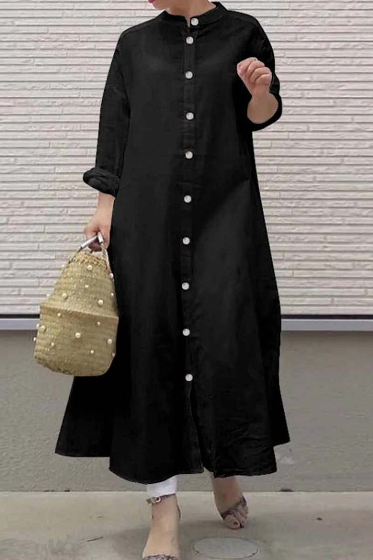 Casual Chinese Standing Collar Shirt Dress Long Sleeve Dresses