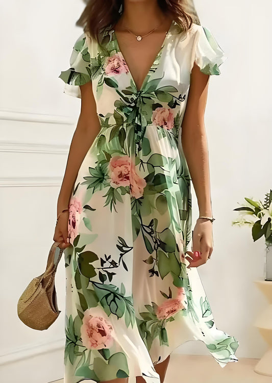 Italian Women's Floral Short Sleeve Dress Ruffle Sleeve Spring