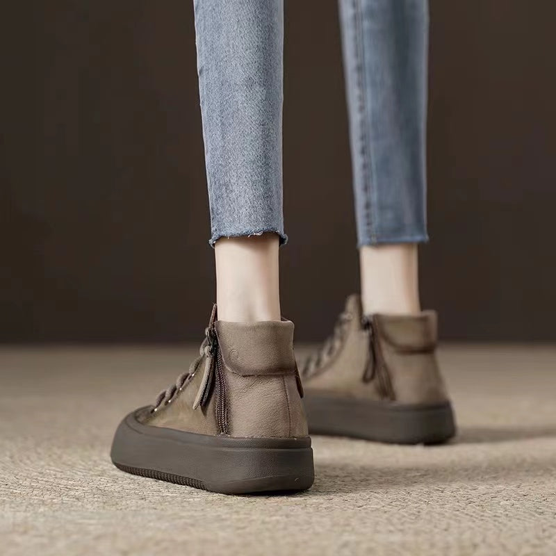 Cowhide Patchwork Cross Strap Zipper Boots