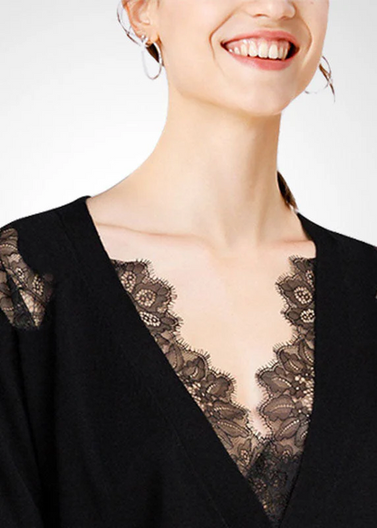 Black V-Neck Lace Patchwork Cutout Wool Knit Top