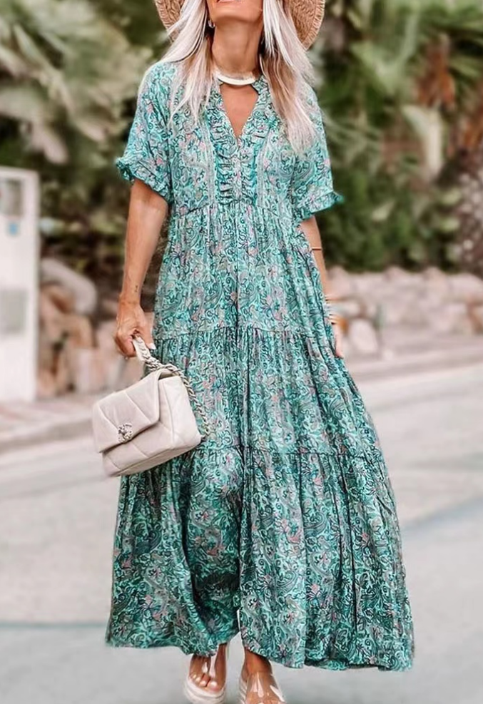 V-Neck Printed Ruffle Short Sleeve Long Dress