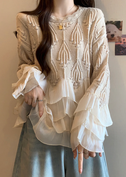 Women's Mom Party Apricot Ruffle Patchwork Knit Sweater Top