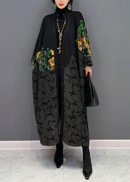Women's Black Drawstring Patchwork Printed Coat Spring