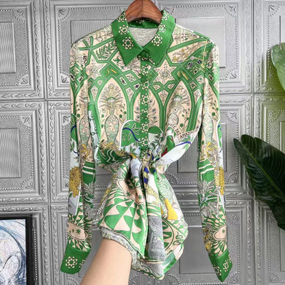 Elegant Printed Silk Lapel Long Sleeve Blouse Top