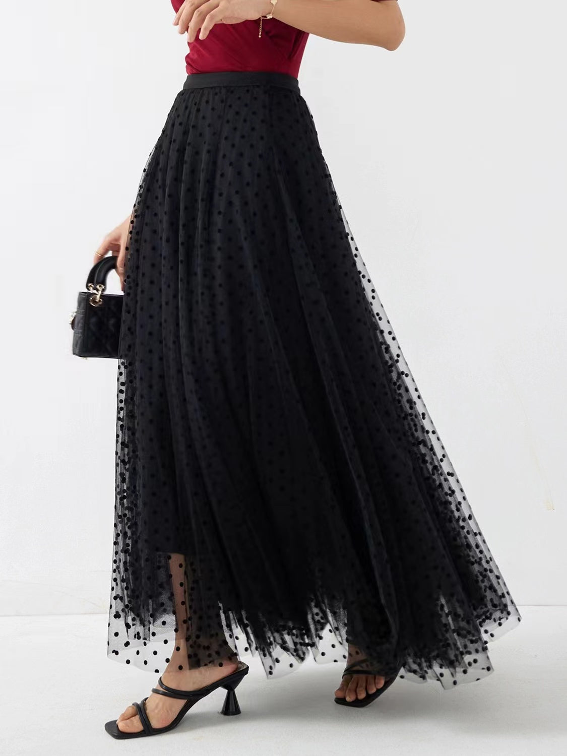 Elegant Printed Polka Dot High Waist Tulle A-Line Half-Body Skirt