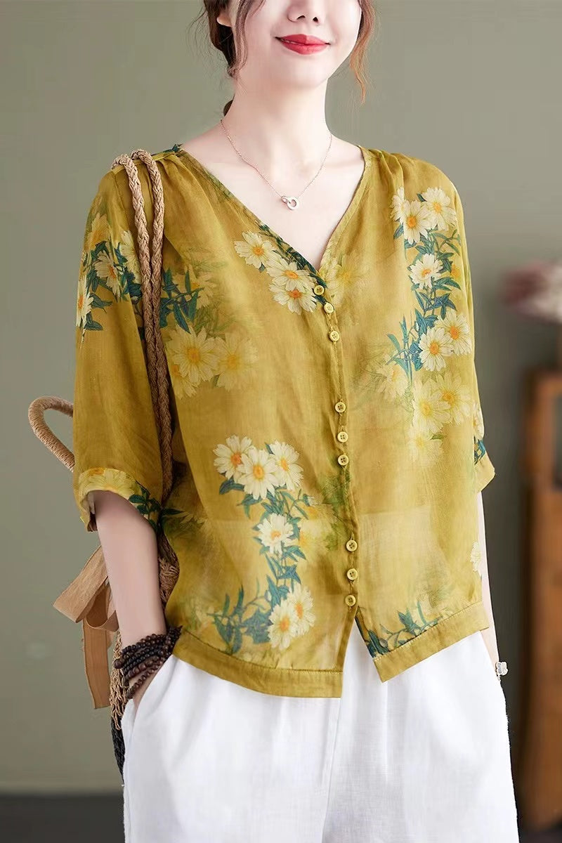Elegant V-Neck Printed Cotton Short Sleeve Shirt Top