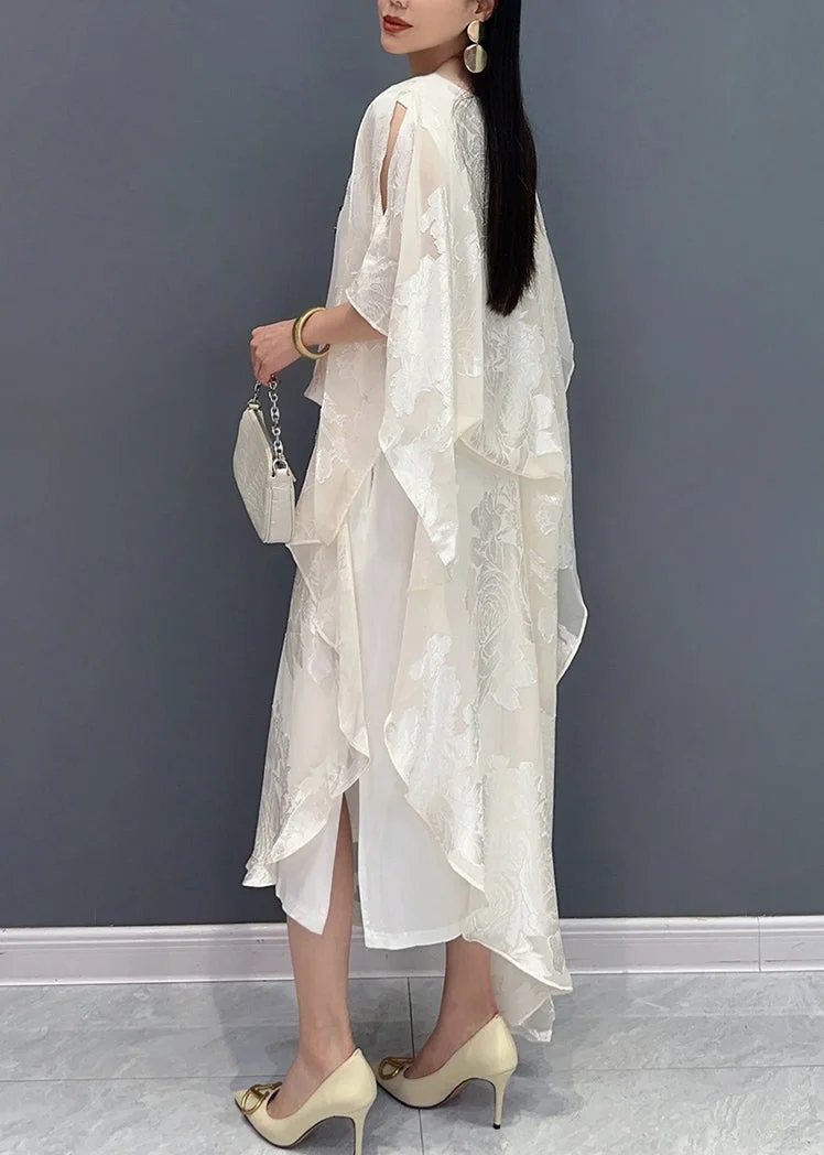 Women's Loose Jacquard White Round Neck Silk Long Dresses