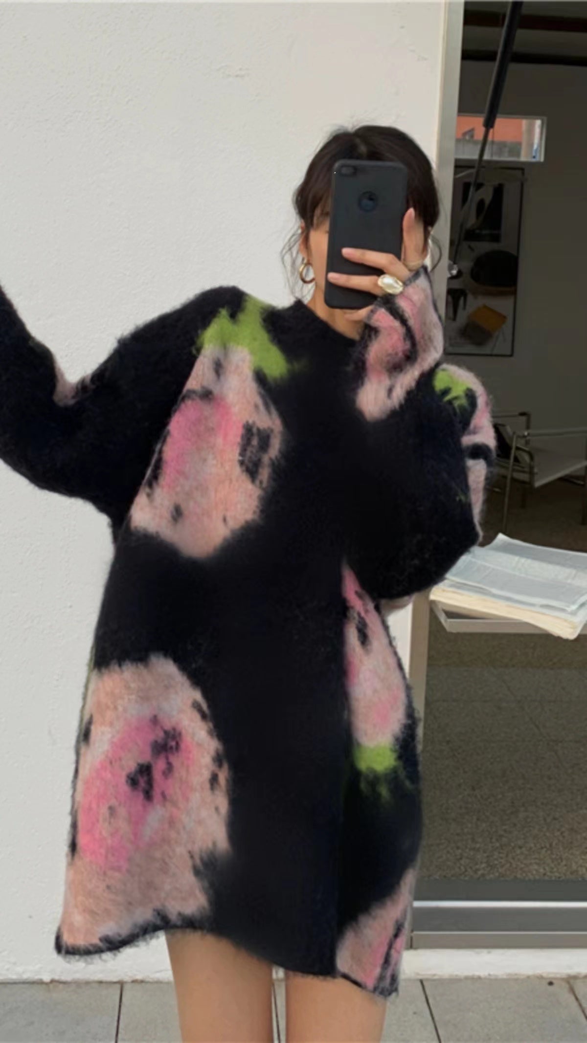Loose Black O Neck Knit Pattern Long Dress Long Sleeve