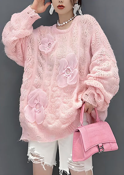 Pink Oversized Openwork Applique Knit Sweater