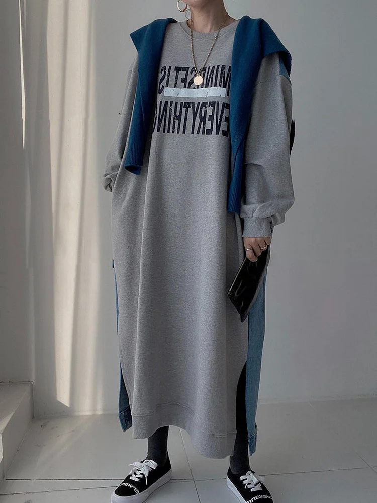 Women's Big Size Fashion Letter Printed Denim Patchwork Long Sleeve Sweatshirt Dress Spring