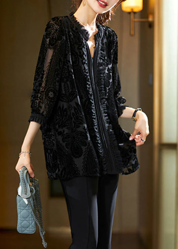 French V-Neck Floral Velvet Patchwork Top