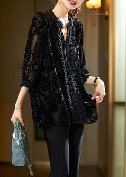 French V-Neck Floral Velvet Patchwork Top