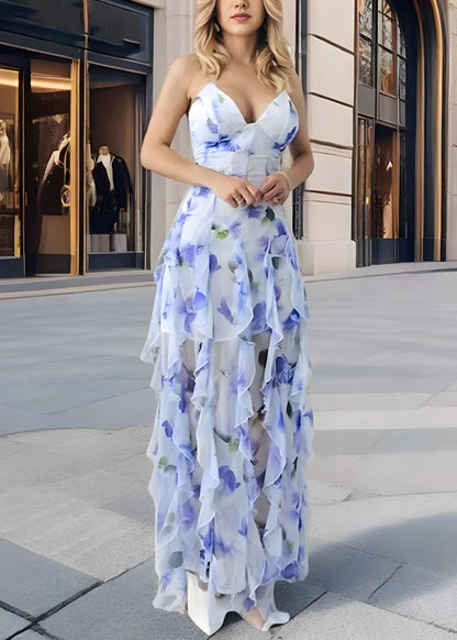 Women's Blue Printed Tie Side Split Spaghetti Strap Sleeveless Party Beach Dresses