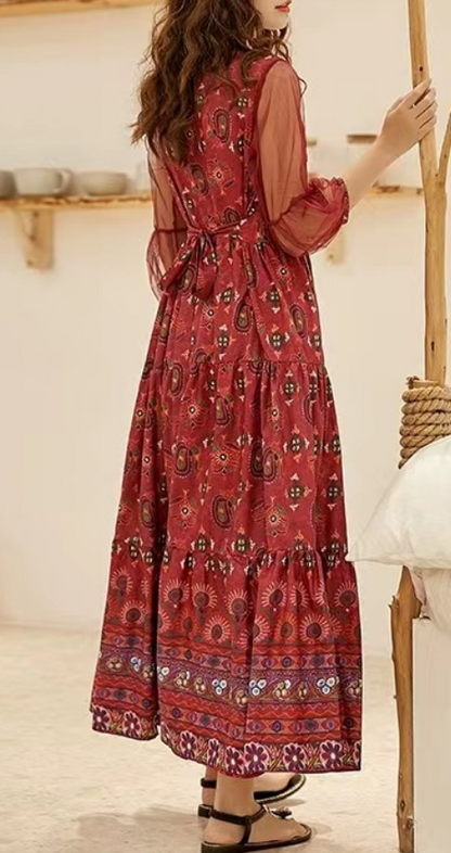 Bohemian Round Neck Patchwork Embroidered Printed Dress