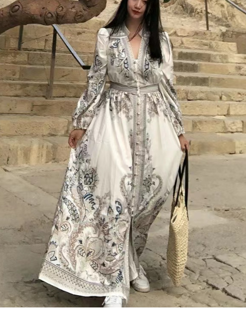 French Printed Button Up Long Sleeve Long Dresses