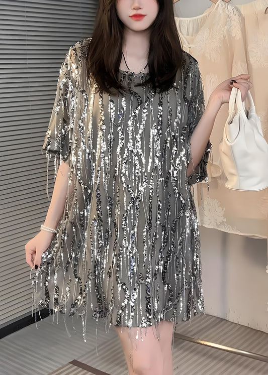 Women's Party Silver O Neck Sequin Patchwork Cotton Dresses