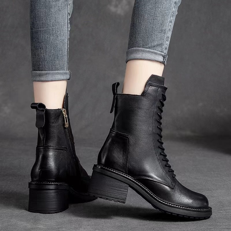 Fashion Casual Cowhide Boots Lace Up Zipper Hundred Short Boots