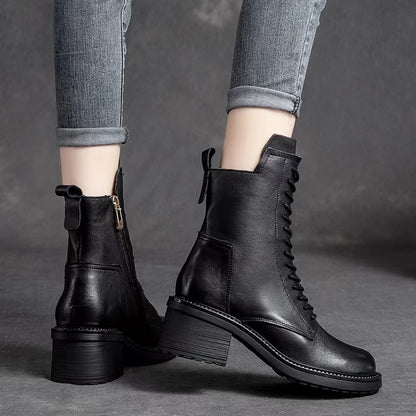 Fashion Casual Cowhide Boots Lace Up Zipper Hundred Short Boots