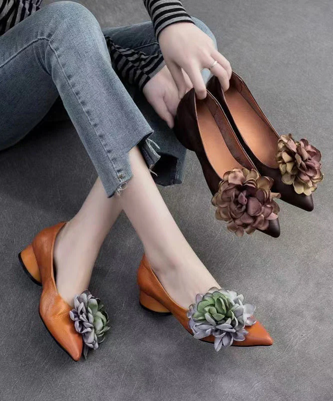 Fashion Camel Flower Pointed Toe Cowhide Flats