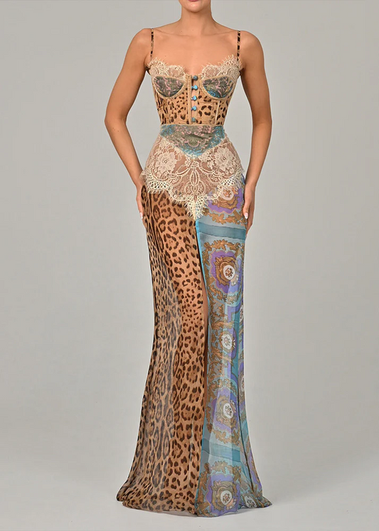 Leopard Print Lace Patchwork Chiffon Spaghetti Strap Sleeveless Dress Blue