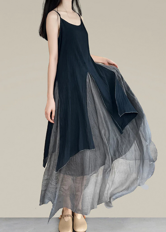 Black Asymmetric Patchwork Patchwork Spaghetti Strap Dress