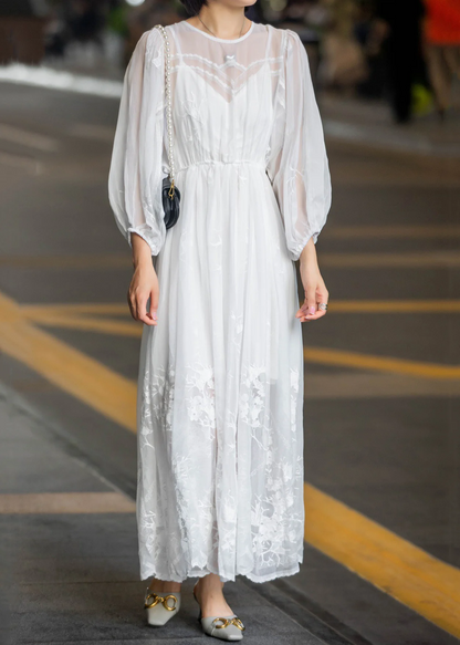 White Lace Embroidery Lace-Up Chiffon