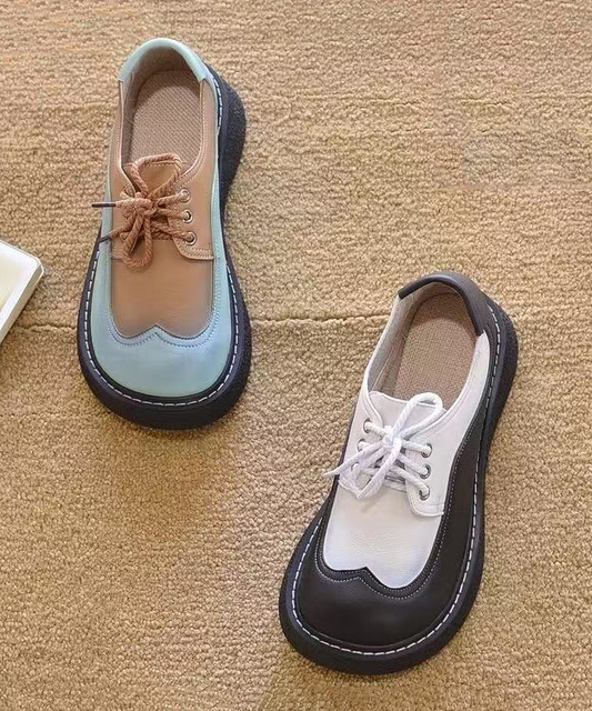 Women's Thick Bottom Flat Shoes Black and White Faux Leather Lace Up