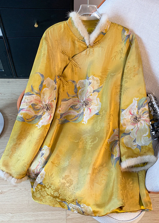 Chinese Style Yellow Printed Patchwork Silk Top