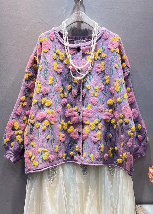 Women's Purple Floral Pattern Button Down Sweater Long Sleeve Jacket