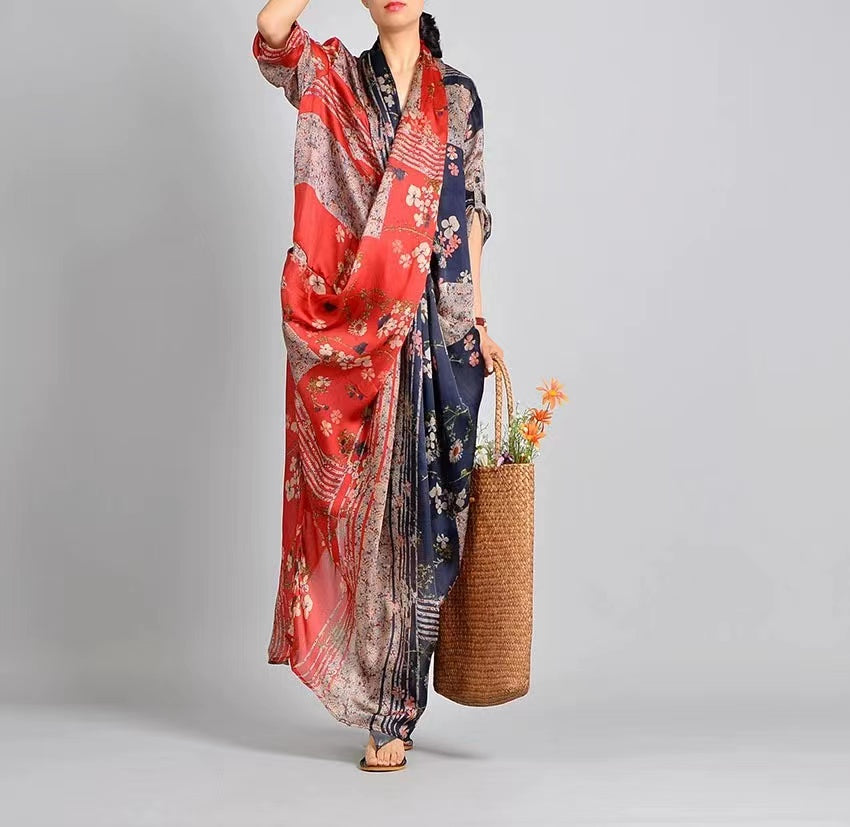 French Fishtail Printed Silk Gown V Neck Gown Long Dresses