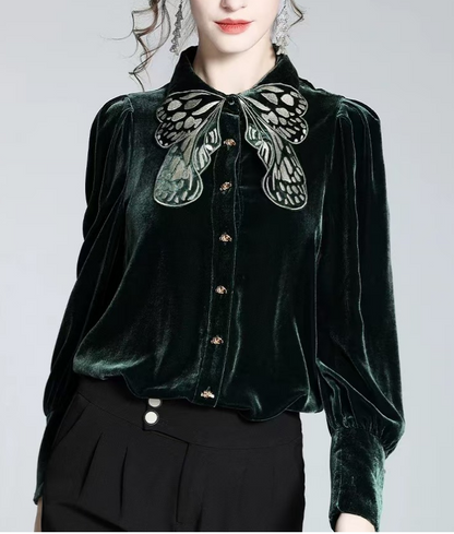 Chinese Style Loose Velvet Butterfly Embroidery Long Sleeve Top