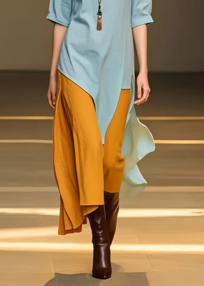Women's Casual Fashion Blue Asymmetric Patchwork Cotton Long Skirt