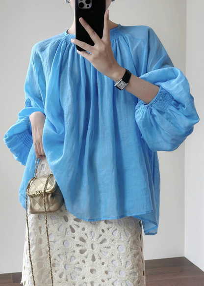 Ladies Bohemian Blue Round Collar Cotton Shirt Lantern Sleeve Spring Summer