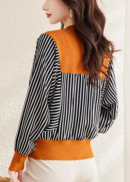 Women's Orange V-Neck Striped Button Down Cardigan Jacket