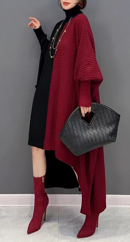 Big Silhouette Knit Sweater Dress High Neck Asymmetric Bat Sleeve